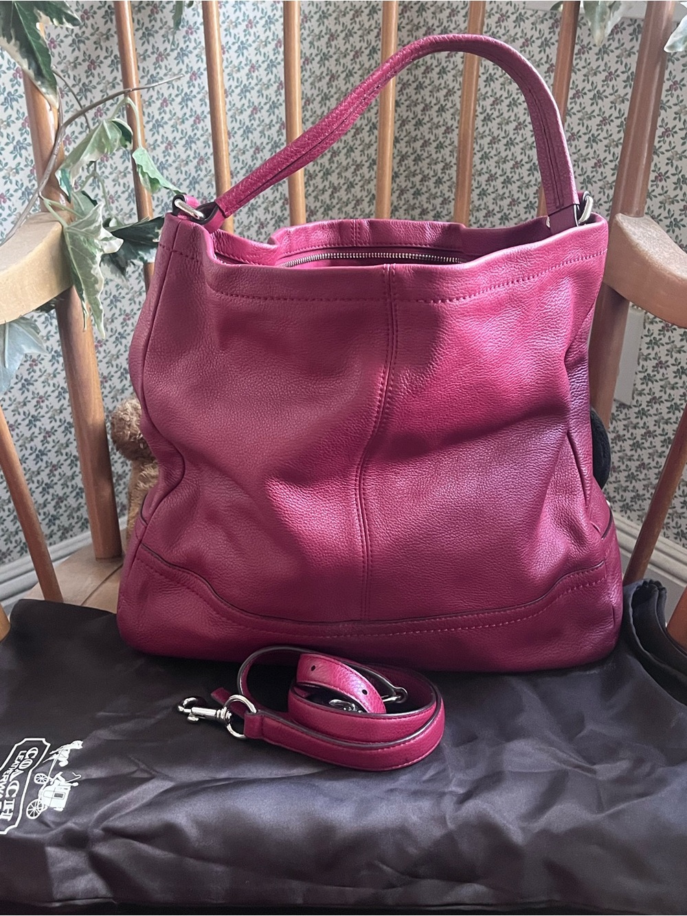Coach Magenta Pebble Leather Shoulder Bag with Detachable Strap